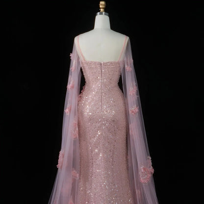 Pink  Sheer Tulle Romantic Mermaid   Sequins 3D Floral Evening Dress  SS472