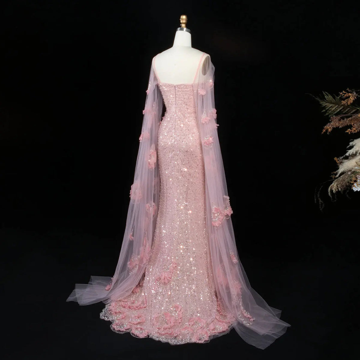 Pink  Sheer Tulle Romantic Mermaid   Sequins 3D Floral Evening Dress  SS472