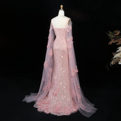 Pink  Sheer Tulle Romantic Mermaid   Sequins 3D Floral Evening Dress  SS472