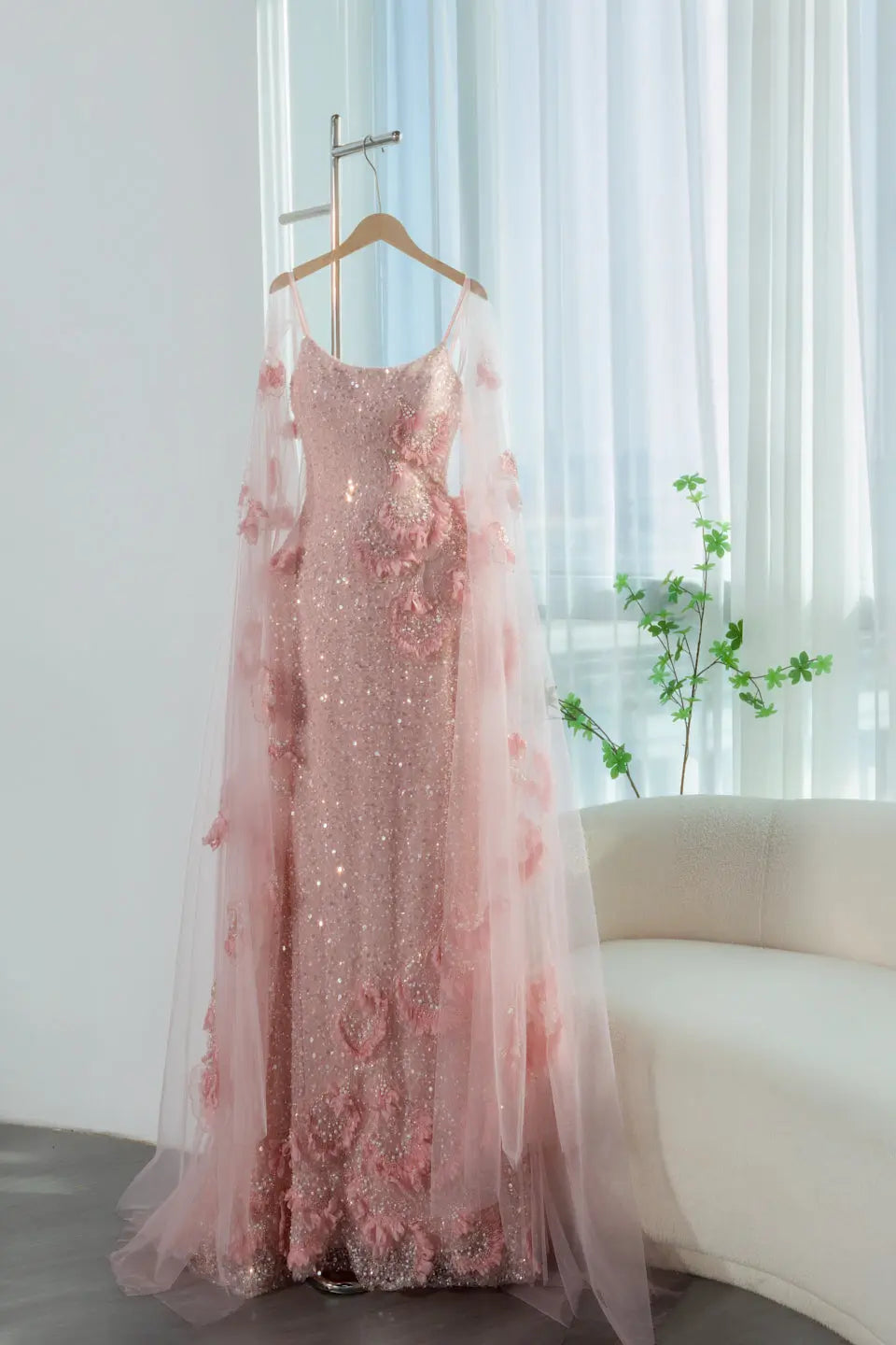 Pink  Sheer Tulle Romantic Mermaid   Sequins 3D Floral Evening Dress  SS472