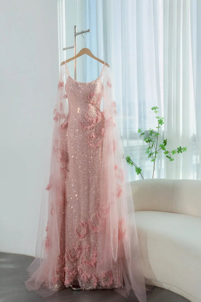 Pink  Sheer Tulle Romantic Mermaid   Sequins 3D Floral Evening Dress  SS472