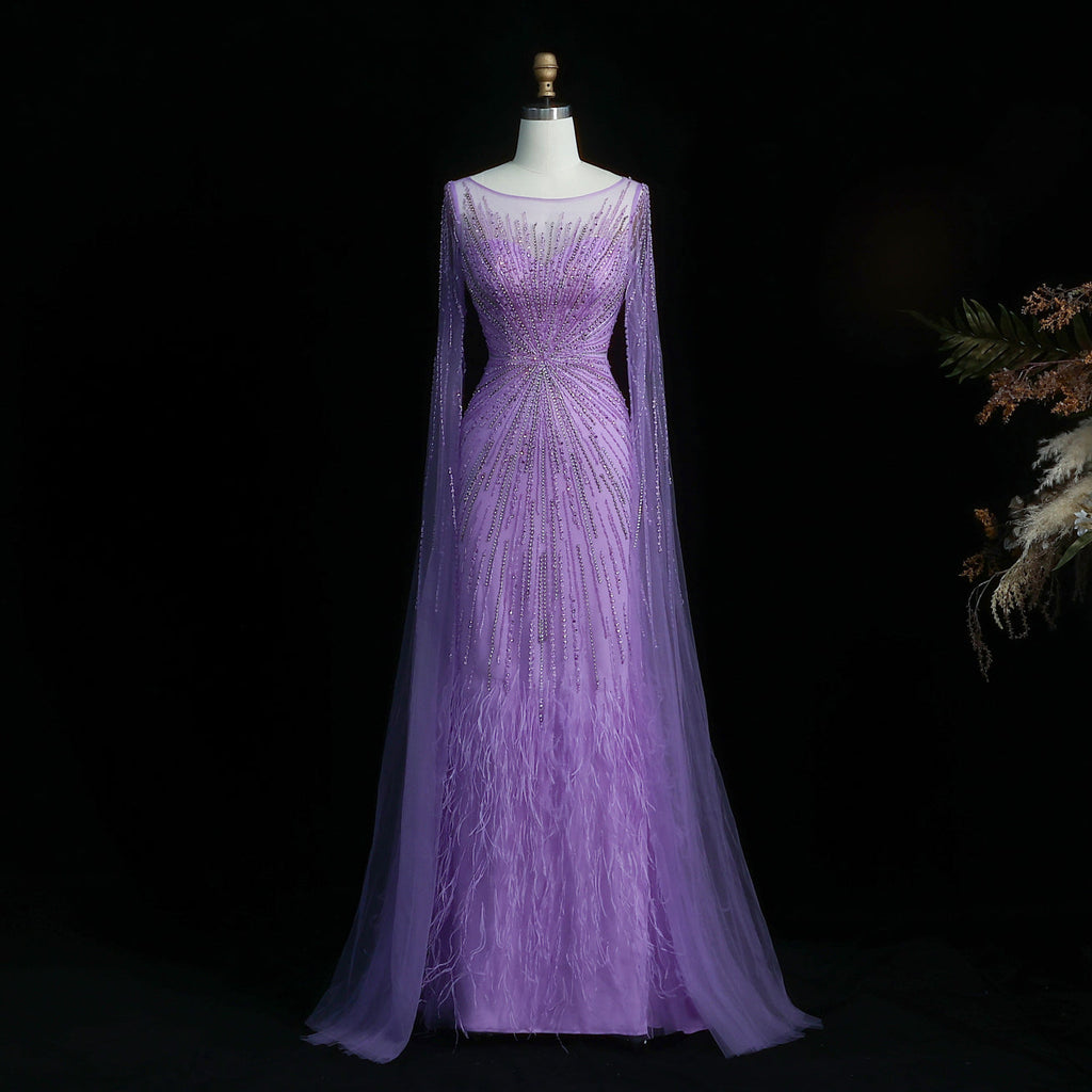 Luxury Lilac Feathers Evening Dresses with Cape Sleeves SS196