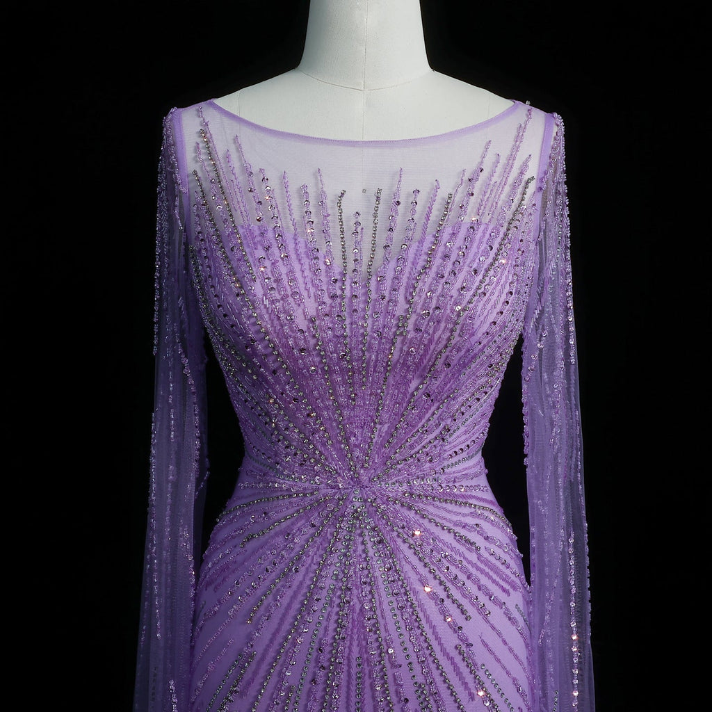 Luxury Lilac Feathers Evening Dresses with Cape Sleeves SS196
