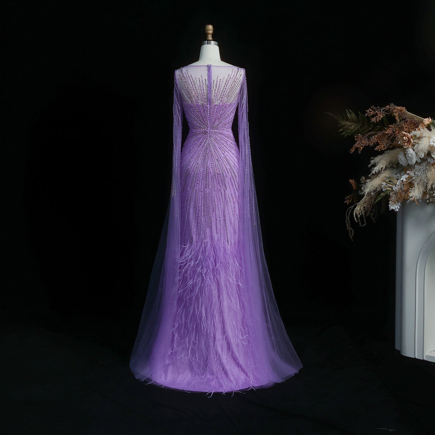 Luxury Lilac Feathers Evening Dresses with Cape Sleeves SS196