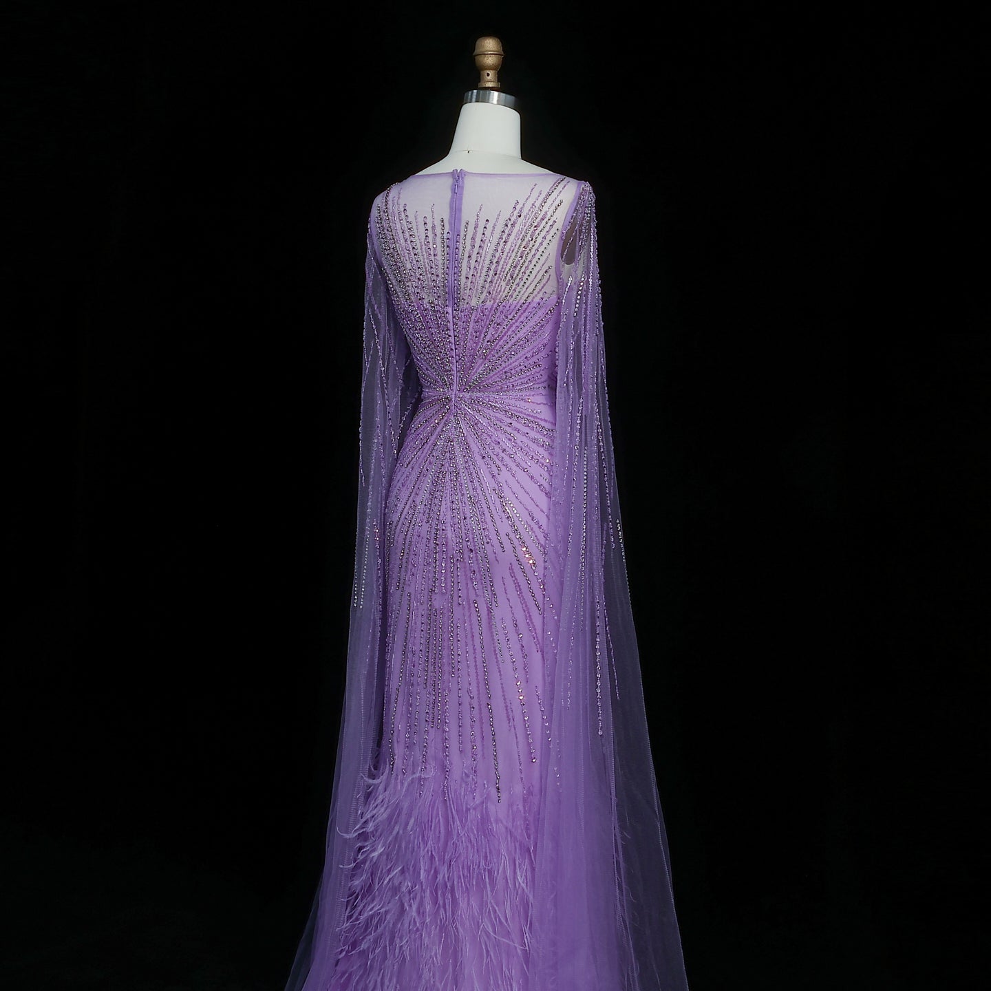 Luxury Lilac Feathers Evening Dresses with Cape Sleeves SS196