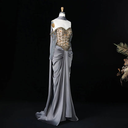 Luxury Gray Embellished Cape Fitted Evening Dress with Scarf SS564
