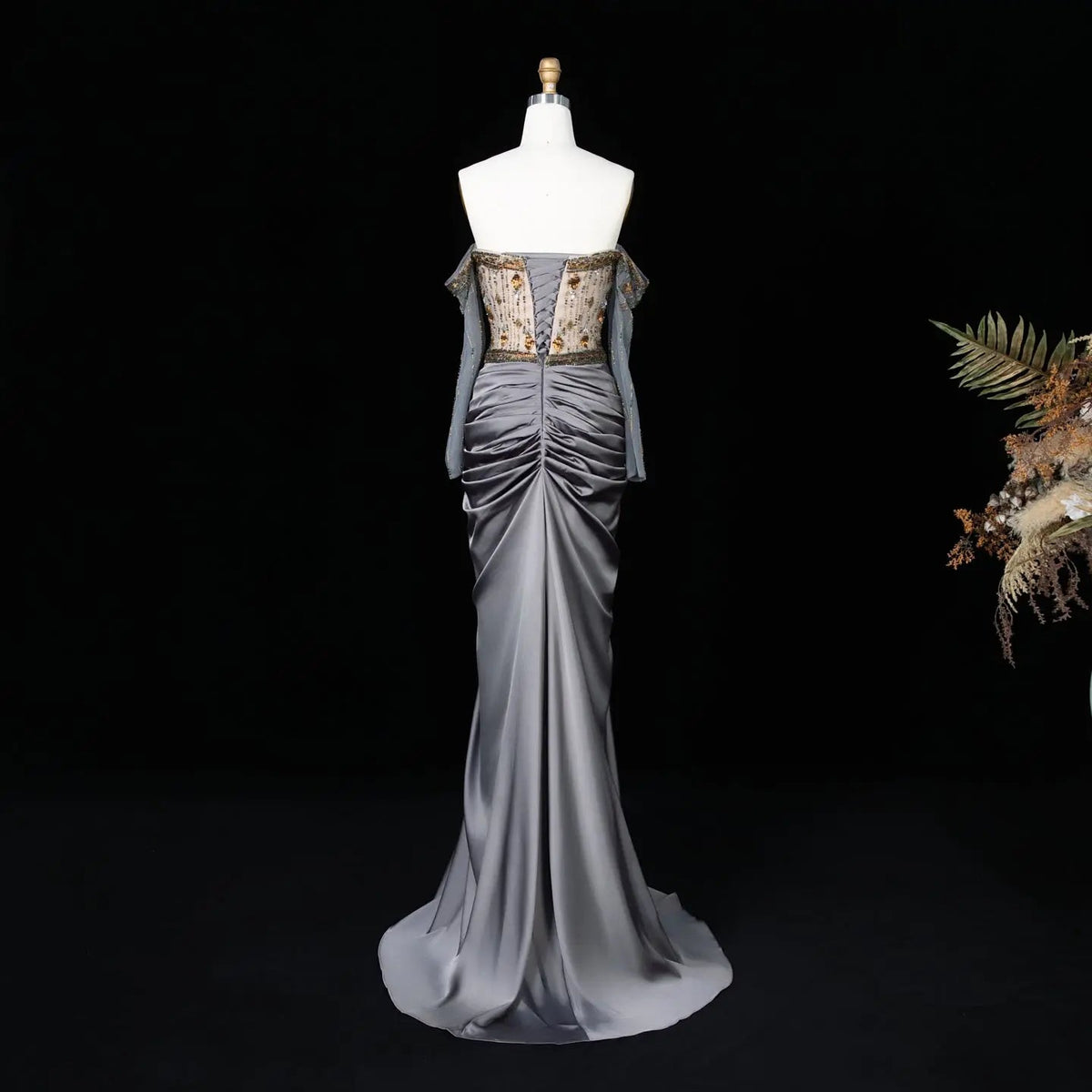Luxury Gray Embellished Cape Fitted Evening Dress with Scarf SS564