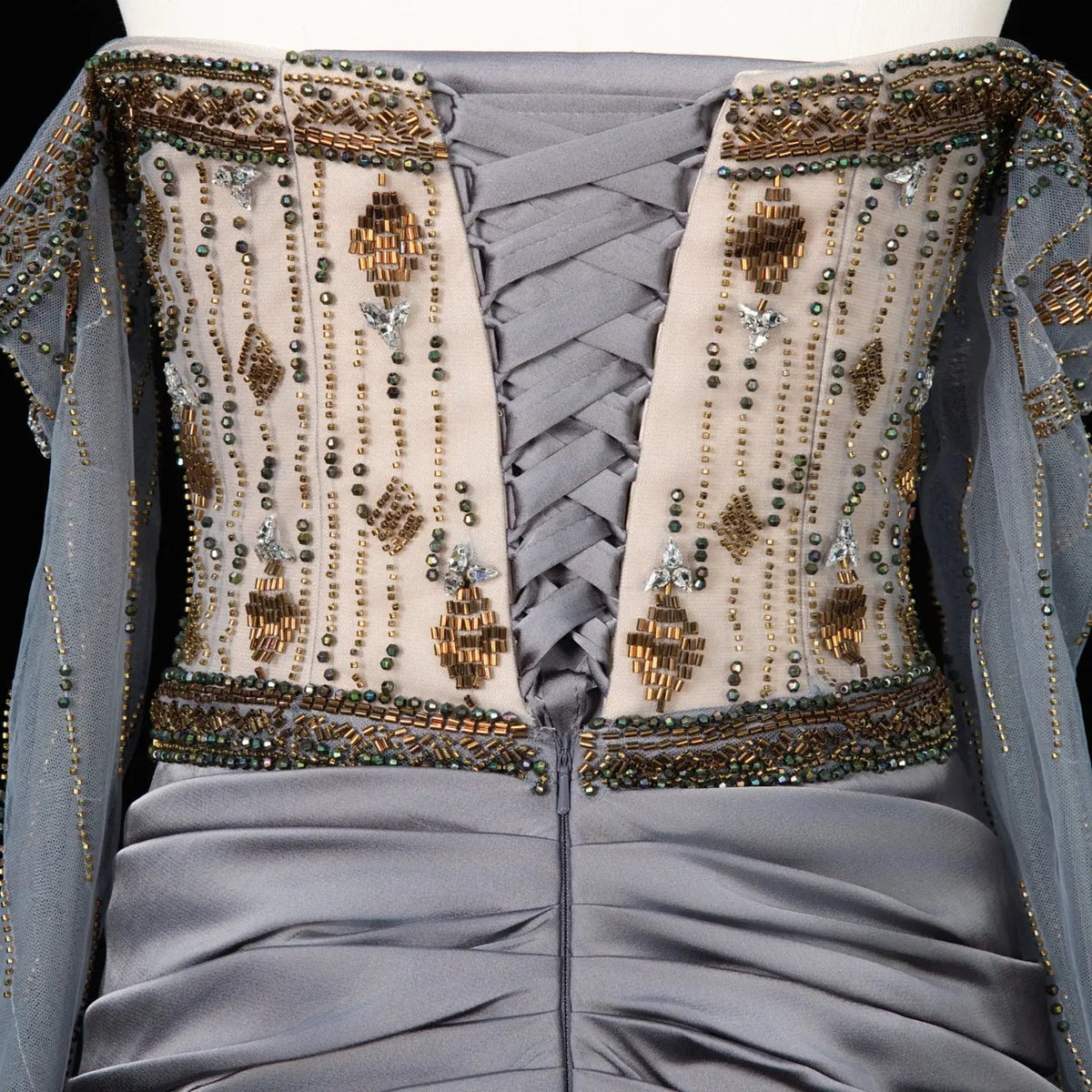 Luxury Gray Embellished Cape Fitted Evening Dress with Scarf SS564