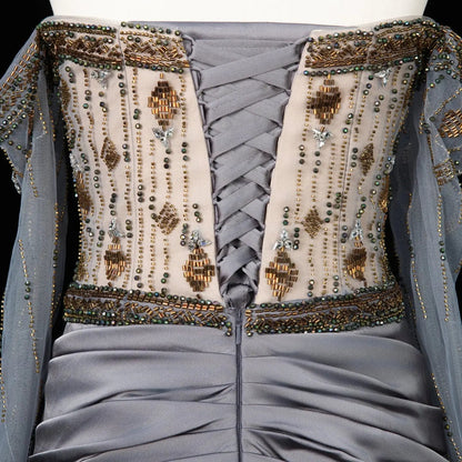 Luxury Gray Embellished Cape Fitted Evening Dress with Scarf SS564