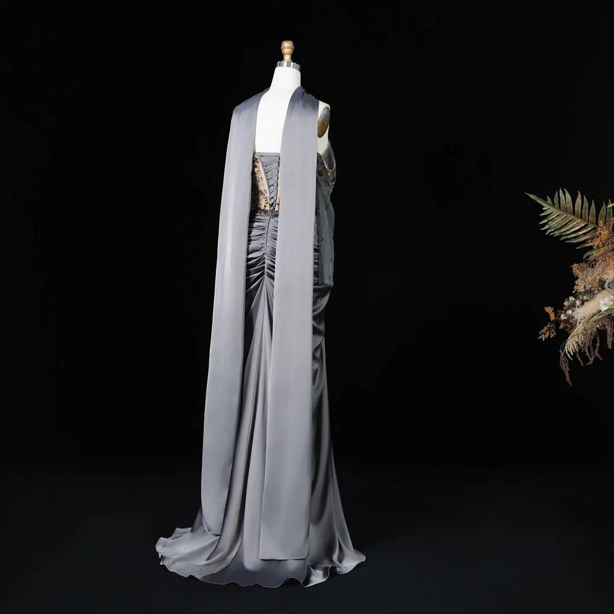 Luxury Gray Embellished Cape Fitted Evening Dress with Scarf SS564