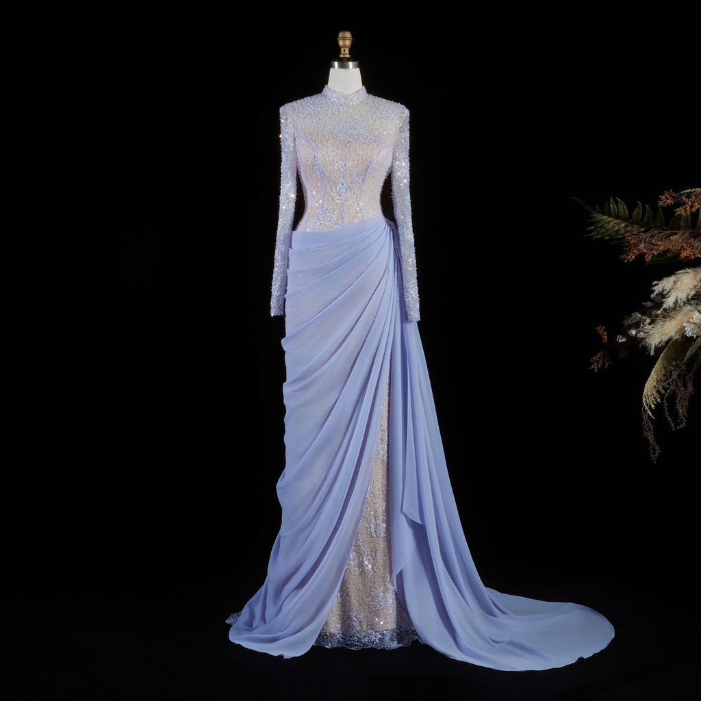 Luxury Violet Sheer Long Sleeve Train Evening Dress with Overskirt SF429