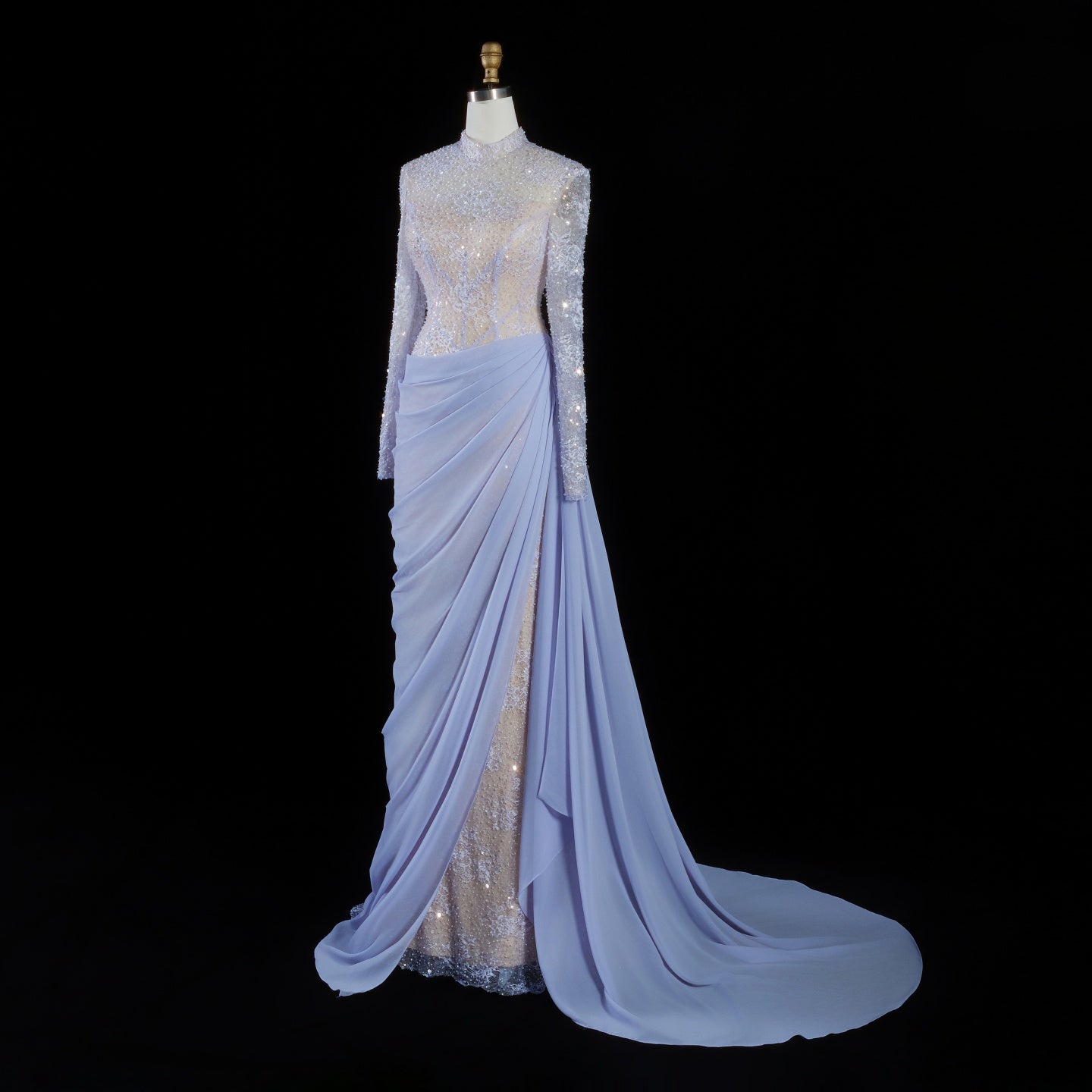 Luxury Violet Sheer Long Sleeve Train Evening Dress with Overskirt SF429