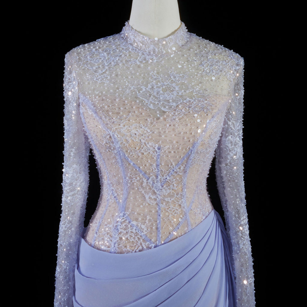 Luxury Violet Sheer Long Sleeve Train Evening Dress with Overskirt SF429