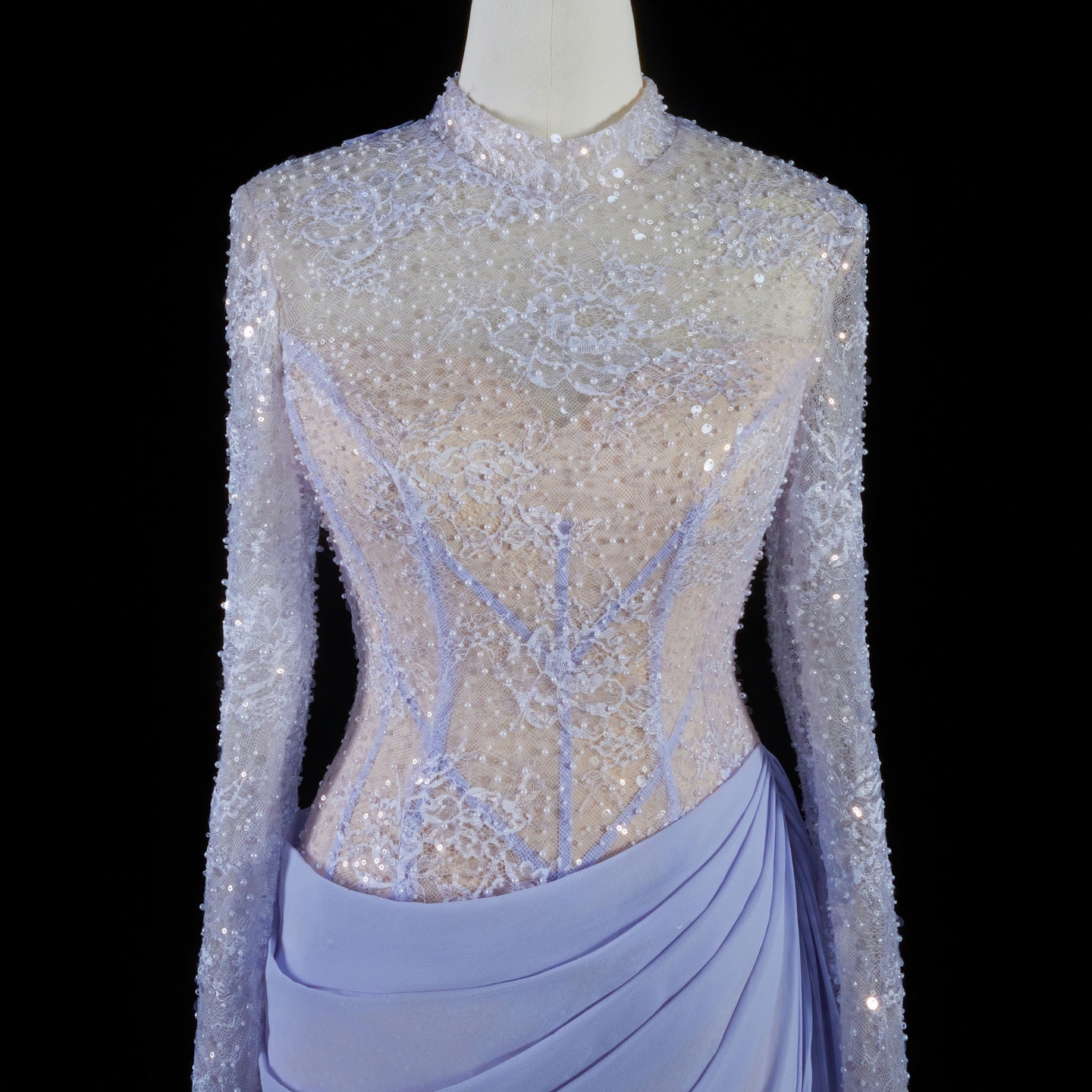 Luxury Violet Sheer Long Sleeve Train Evening Dress with Overskirt SF429