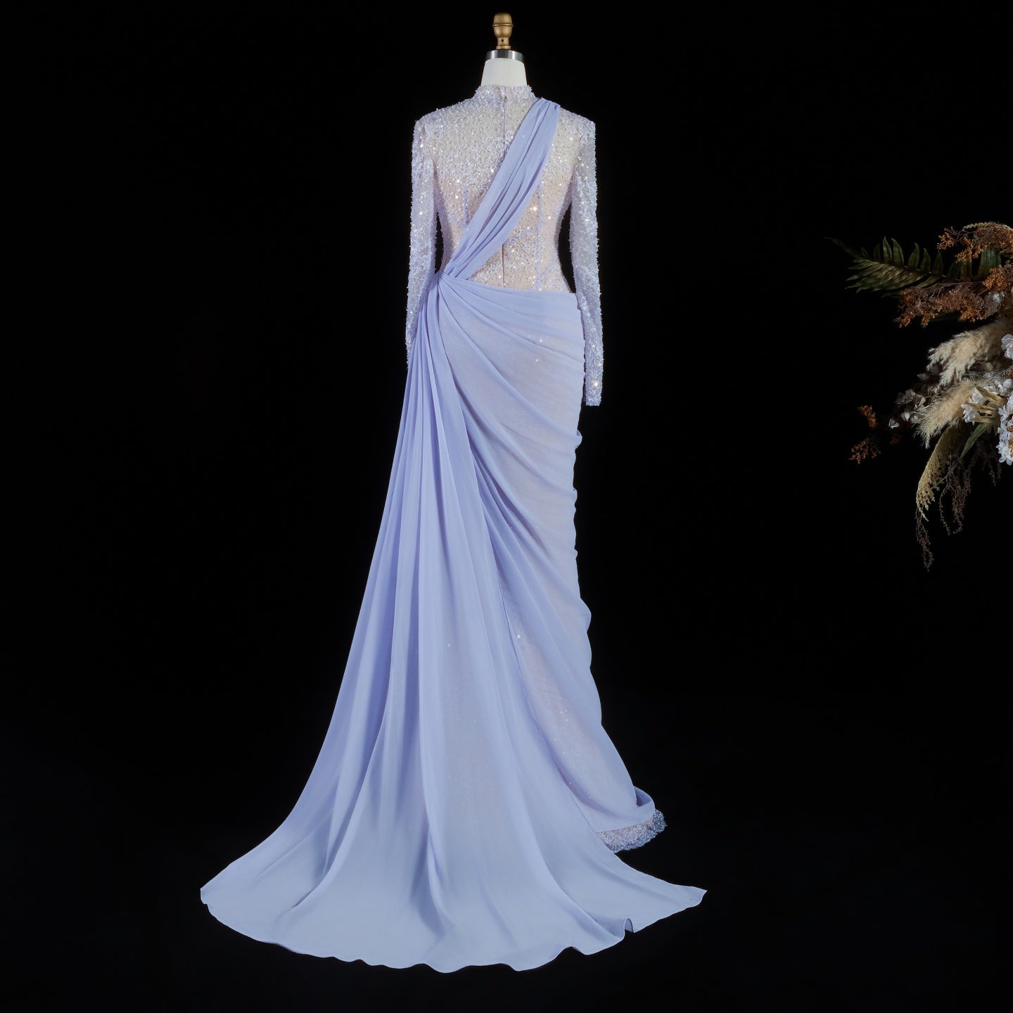 Luxury Violet Sheer Long Sleeve Train Evening Dress with Overskirt SF429