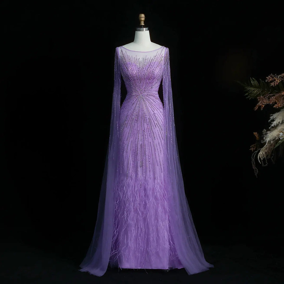 Luxury Lilac Feathers Evening Dress with Cape Sleeves SS196
