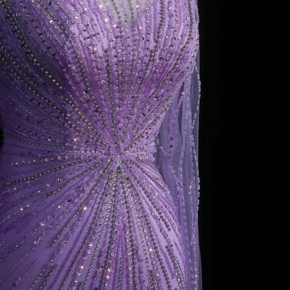 Luxury Lilac Feathers Evening Dress with Cape Sleeves SS196