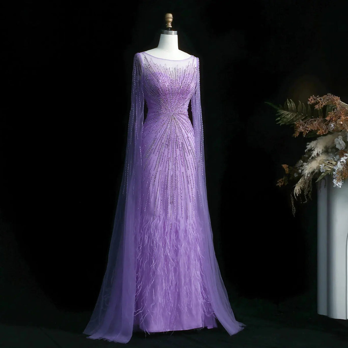 Luxury Lilac Feathers Evening Dress with Cape Sleeves SS196