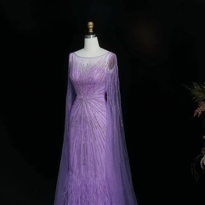 Luxury Lilac Feathers Evening Dress with Cape Sleeves SS196