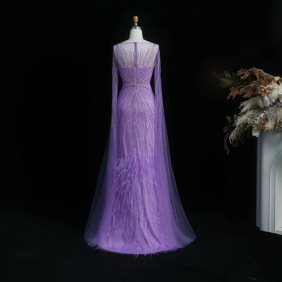 Luxury Lilac Feathers Evening Dress with Cape Sleeves SS196
