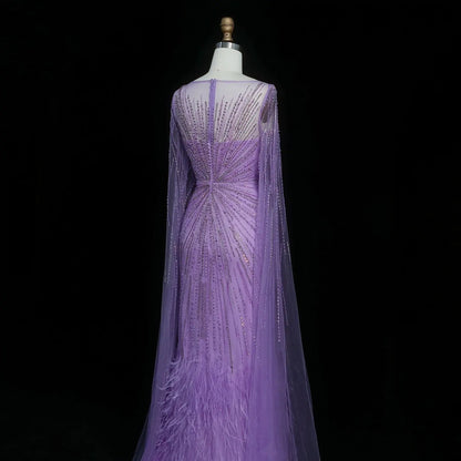 Luxury Lilac Feathers Evening Dress with Cape Sleeves SS196