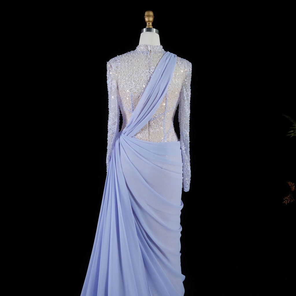 Luxury Violet Sheer Long Sleeve Train Evening Dress with Overskirt SF429