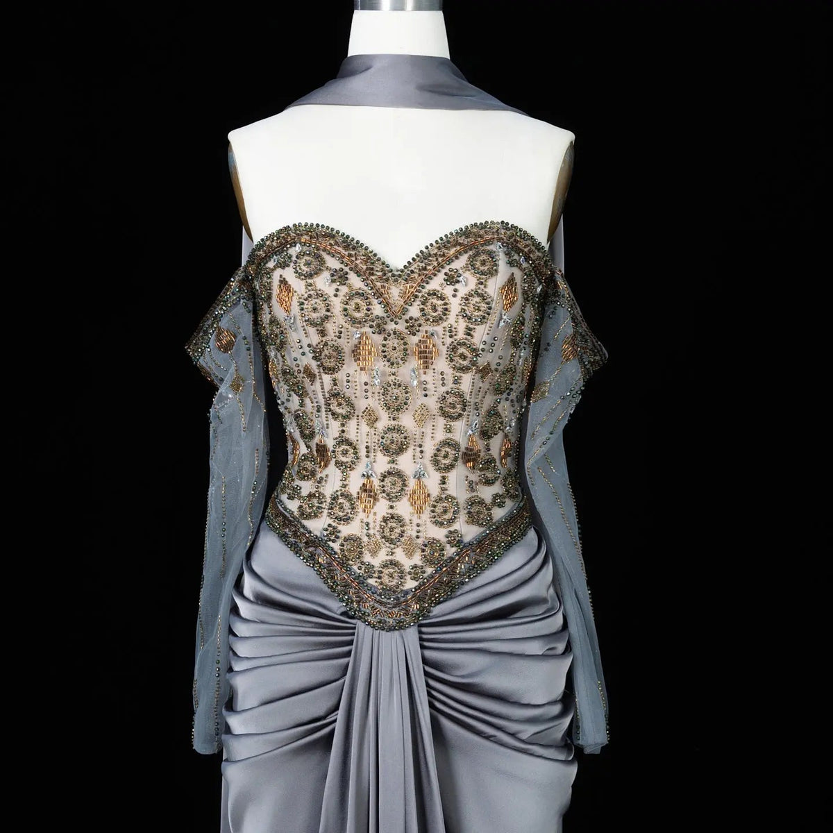Luxury Gray Embellished Cape Fitted Evening Dress with Scarf SS564