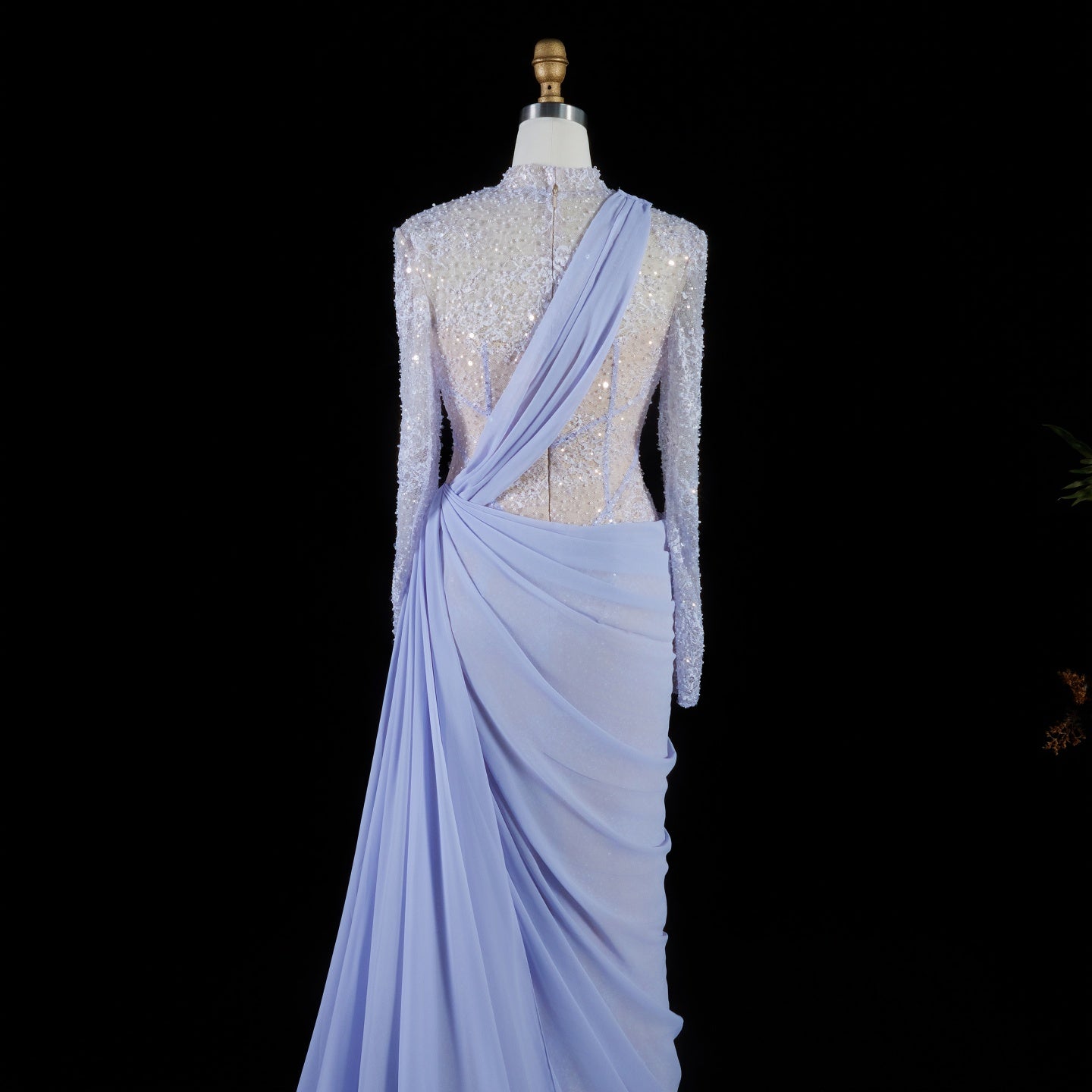 Luxury Violet Sheer Long Sleeve Train Evening Dress with Overskirt SF429