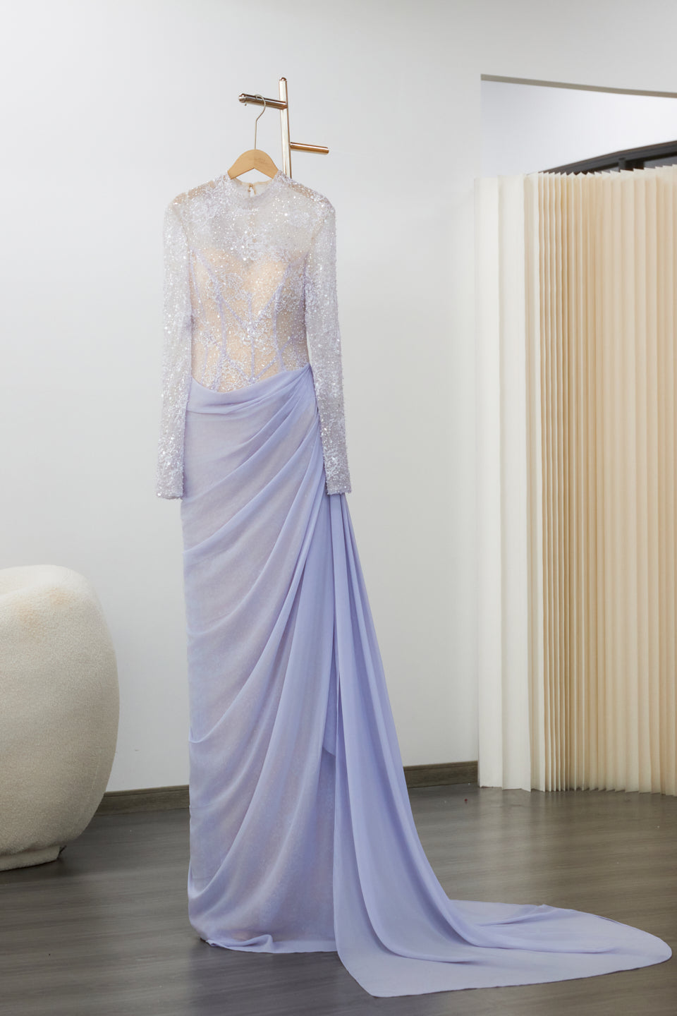 Luxury Violet Sheer Long Sleeve Train Evening Dress with Overskirt SF429