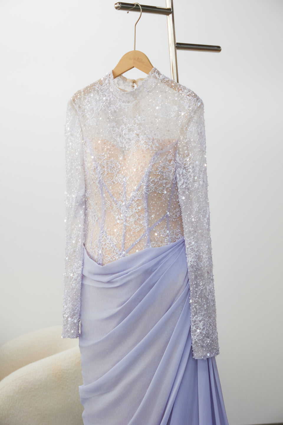 Luxury Violet Sheer Long Sleeve Train Evening Dress with Overskirt SF429