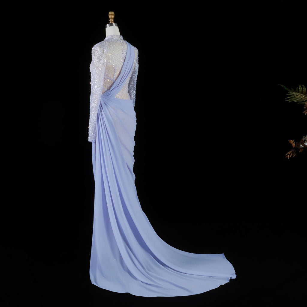 Luxury Violet Sheer Long Sleeve Train Evening Dress with Overskirt SF429