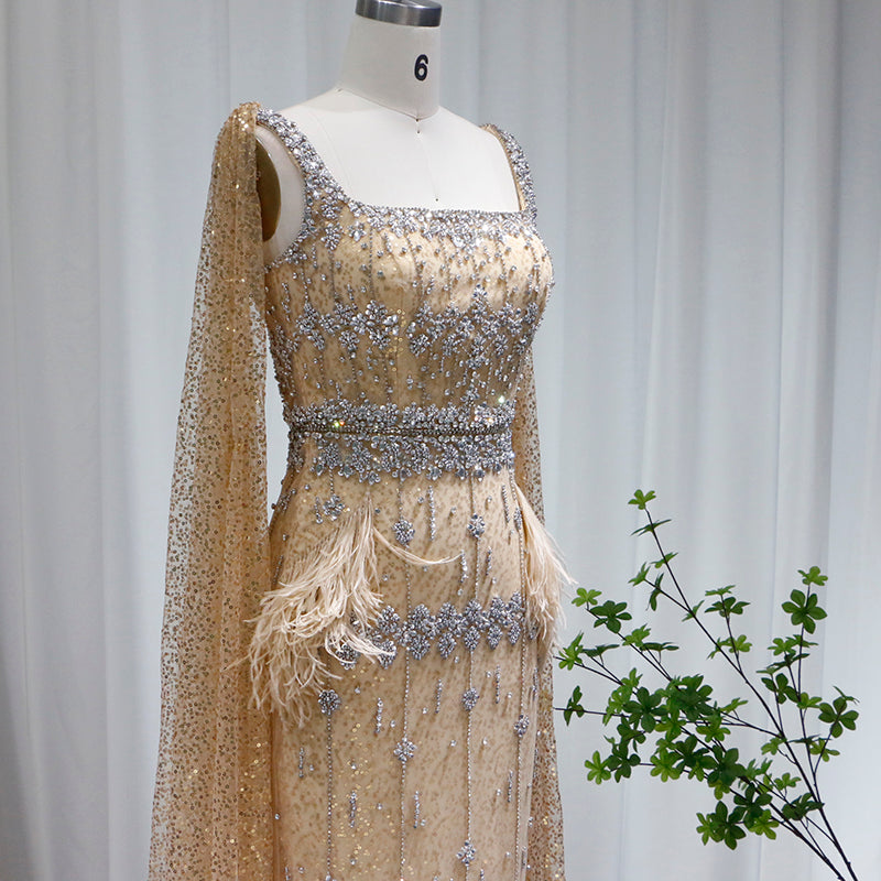 Luxury Feathers Gray Mermaid Evening Dress with Cape SS279