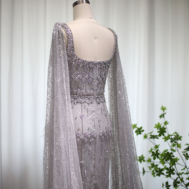Luxury Feathers Gray Mermaid Evening Dress with Cape SS279