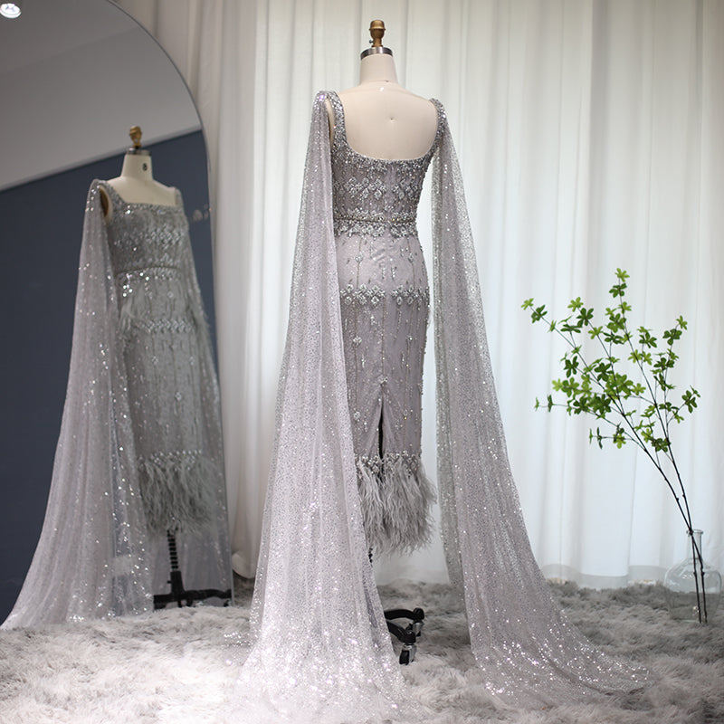Luxury Feathers Gray Mermaid Evening Dress with Cape SS279