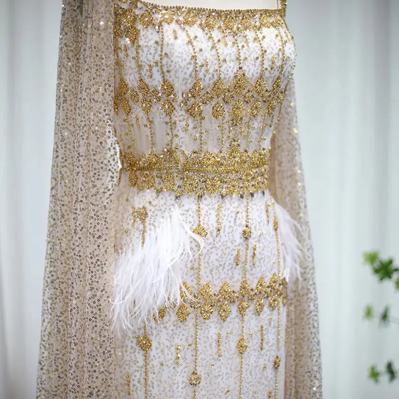 Luxury Gray Feather Straight Evening Dress with Cape Sleeves SS279