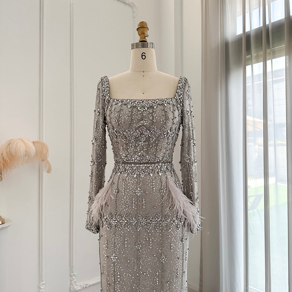 Luxury Feathers Gray Mermaid Evening Dress with Cape SS279