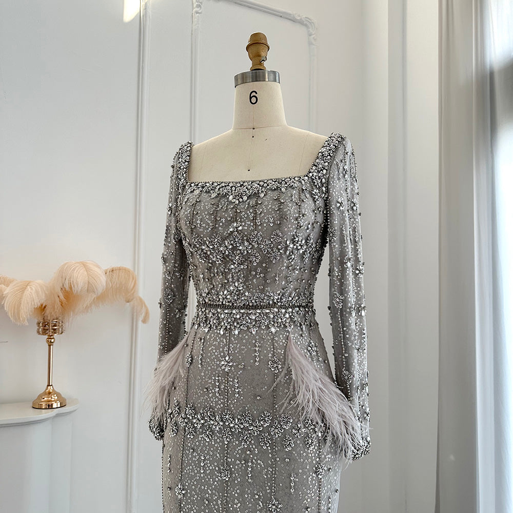 Luxury Feathers Gray Mermaid Evening Dress with Cape SS279