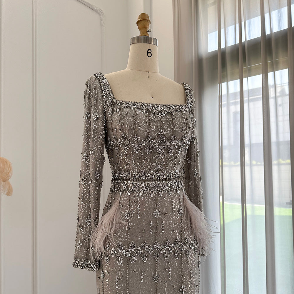 Luxury Feathers Gray Mermaid Evening Dress with Cape SS279