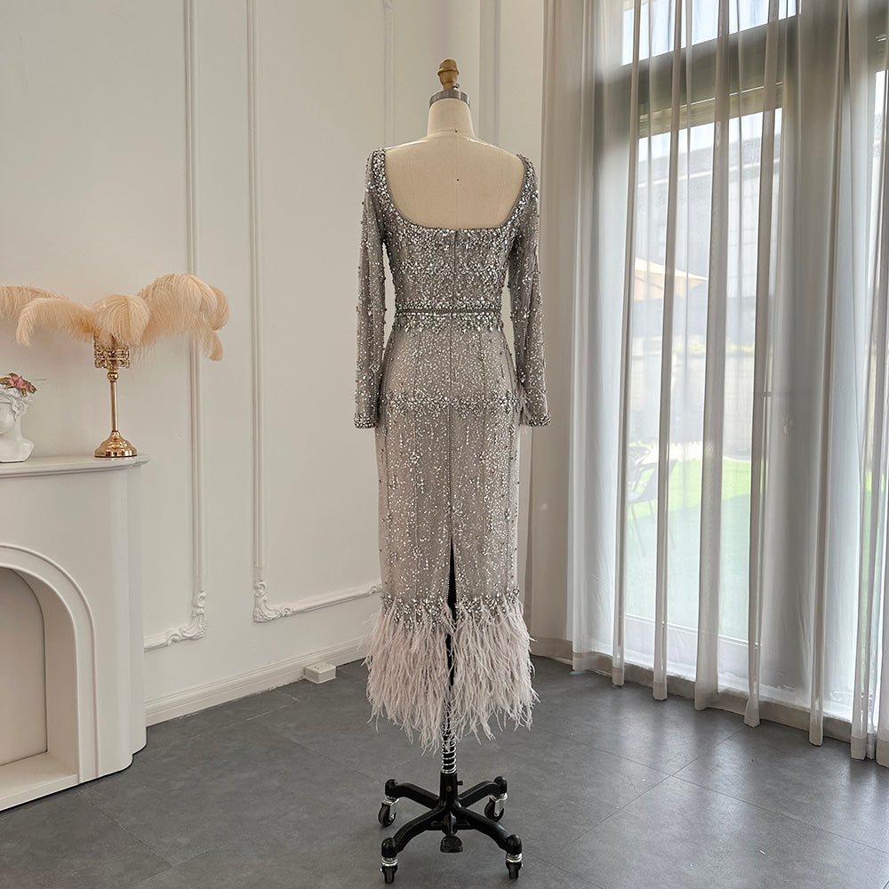 Luxury Feathers Gray Mermaid Evening Dress with Cape SS279