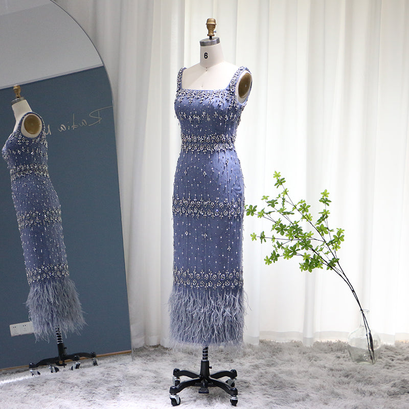 Luxury Feathers Gray Mermaid Evening Dress with Cape SS279