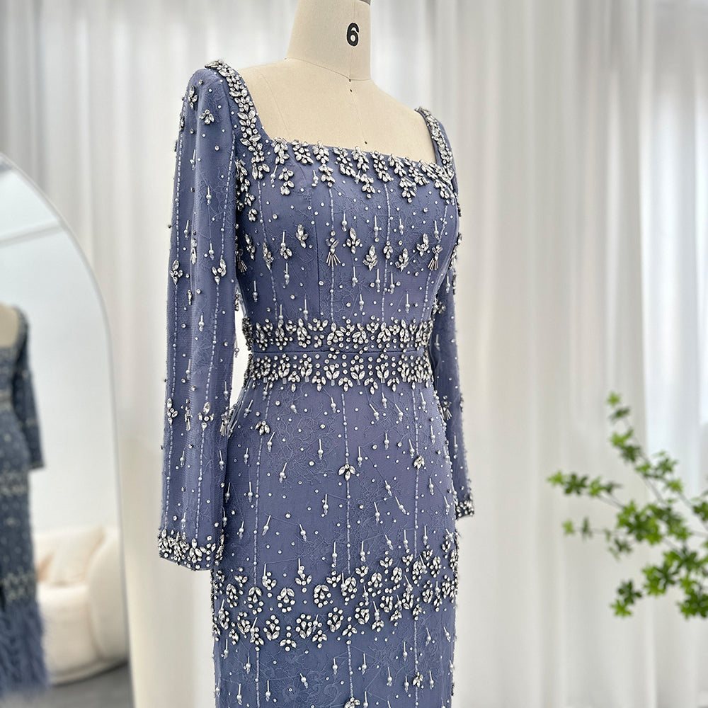 Luxury Feathers Gray Mermaid Evening Dress with Cape SS279