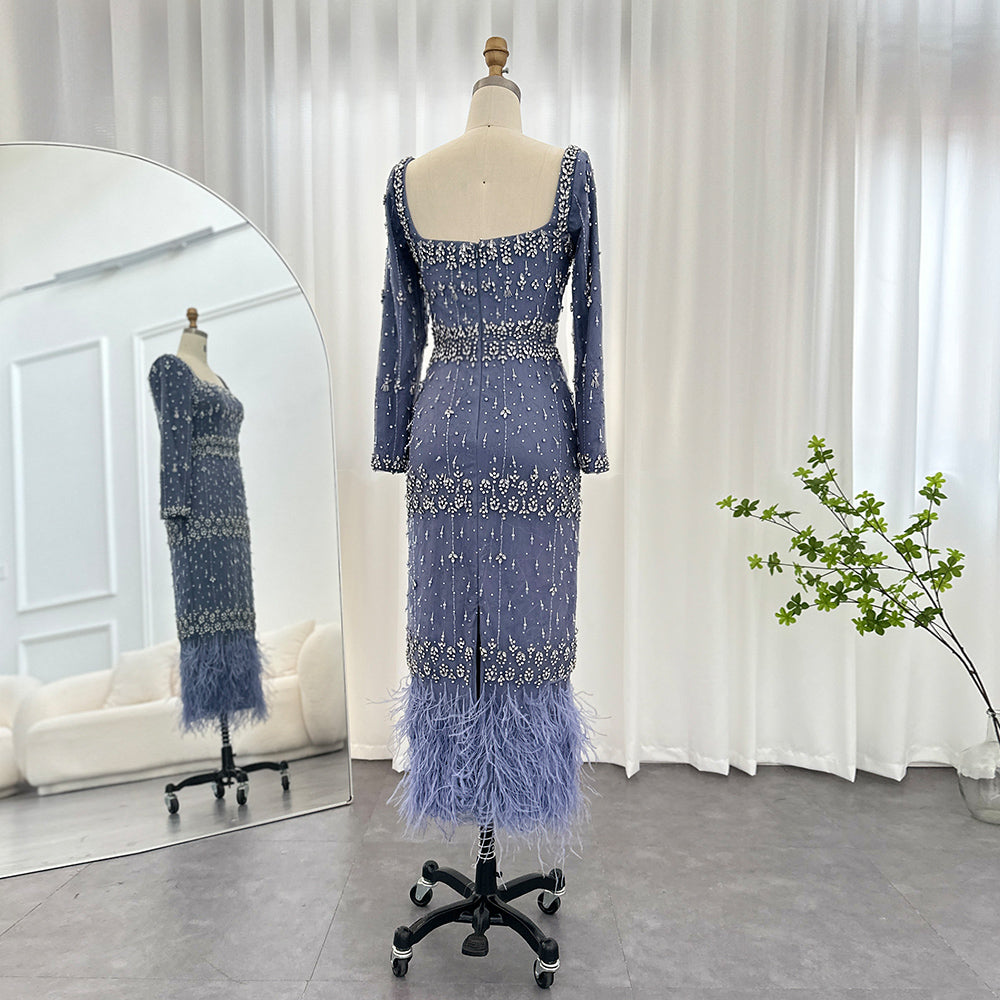 Luxury Feathers Gray Mermaid Evening Dress with Cape SS279