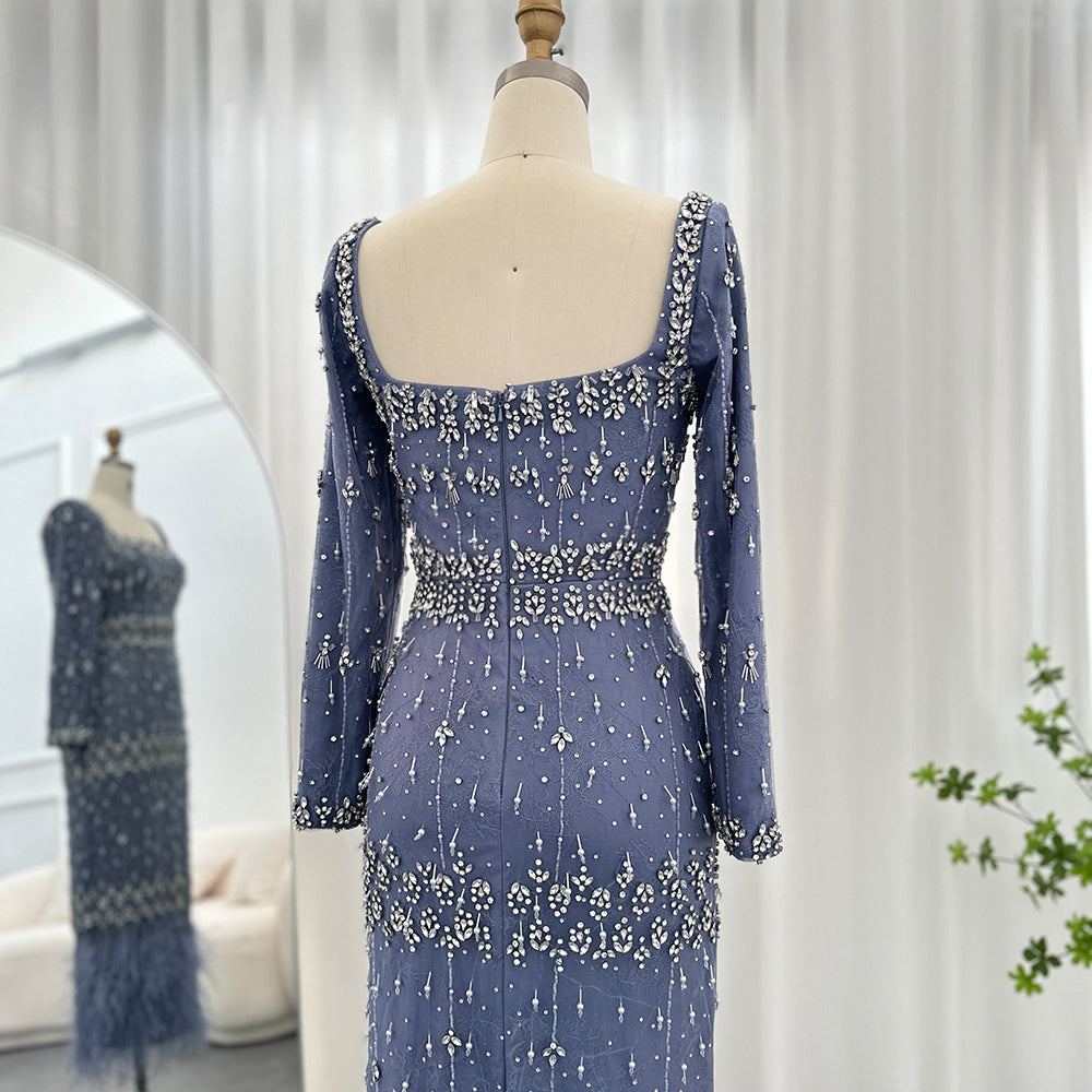 Luxury Feathers Gray Mermaid Evening Dress with Cape SS279