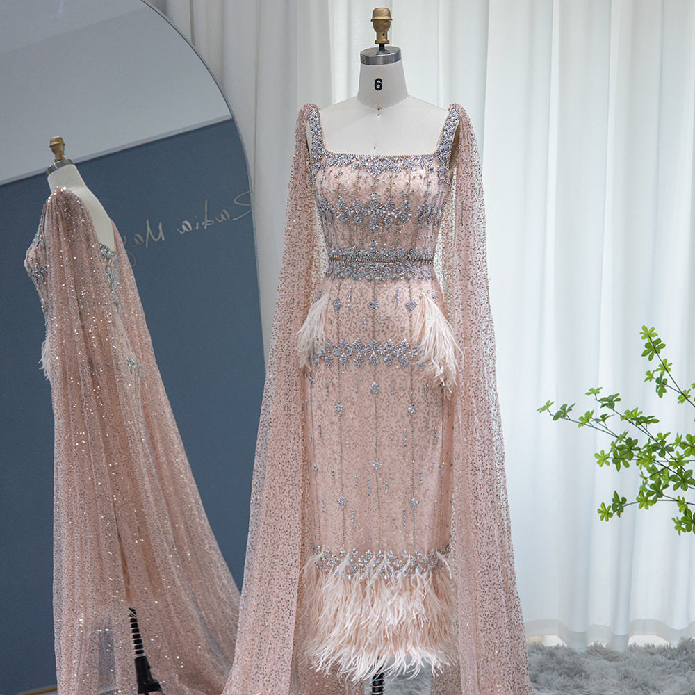 Luxury Feathers Gray Mermaid Evening Dress with Cape SS279
