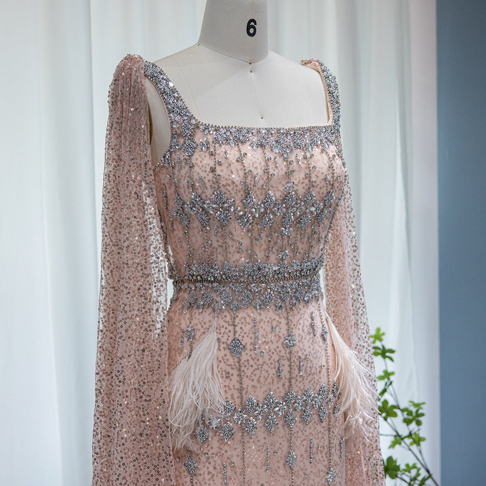 Luxury Feathers Gray Mermaid Evening Dress with Cape SS279