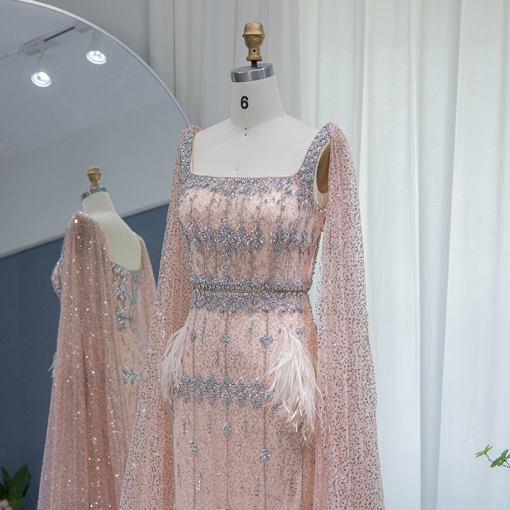 Luxury Feathers Gray Mermaid Evening Dress with Cape SS279