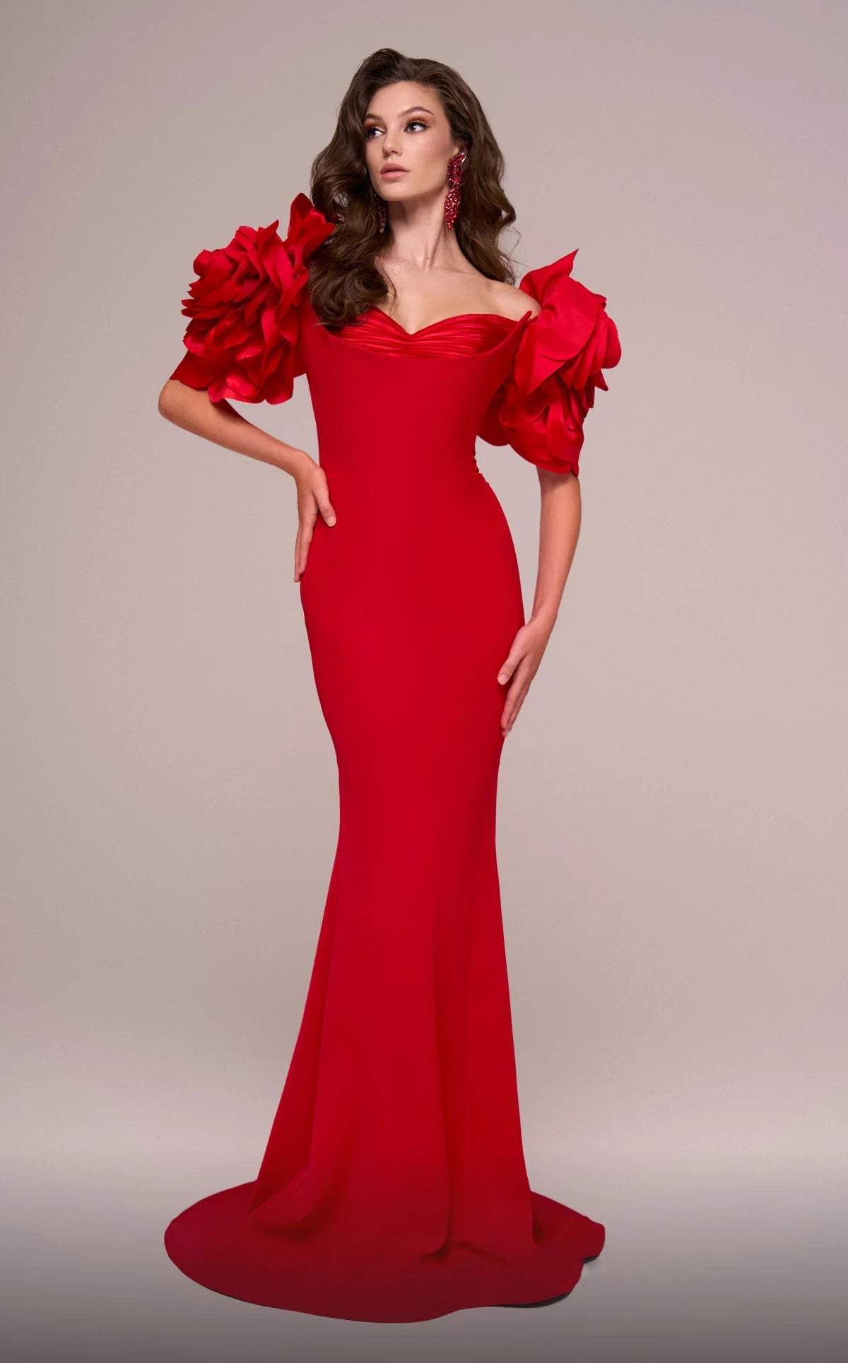 Glamorous Red Off-the-Shoulder 3D Floral Applique Mermaid Evening Dress SF324