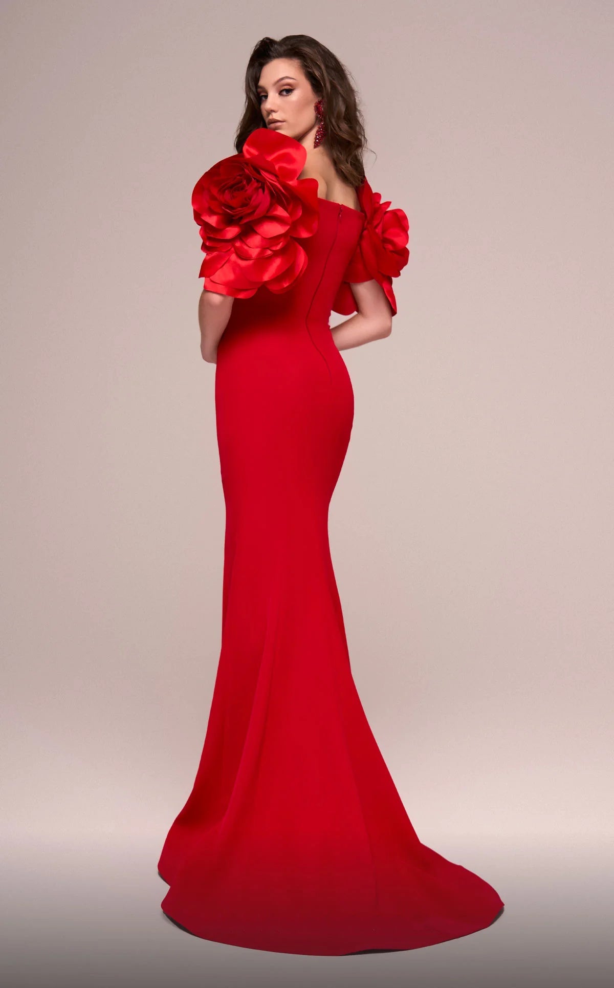 Glamorous Red Off-the-Shoulder 3D Floral Applique Mermaid Evening Dress SF324
