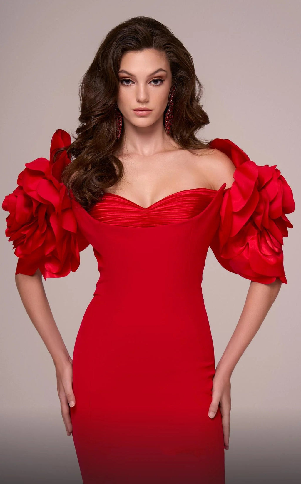 Glamorous Red Off-the-Shoulder 3D Floral Applique Mermaid Evening Dress SF324