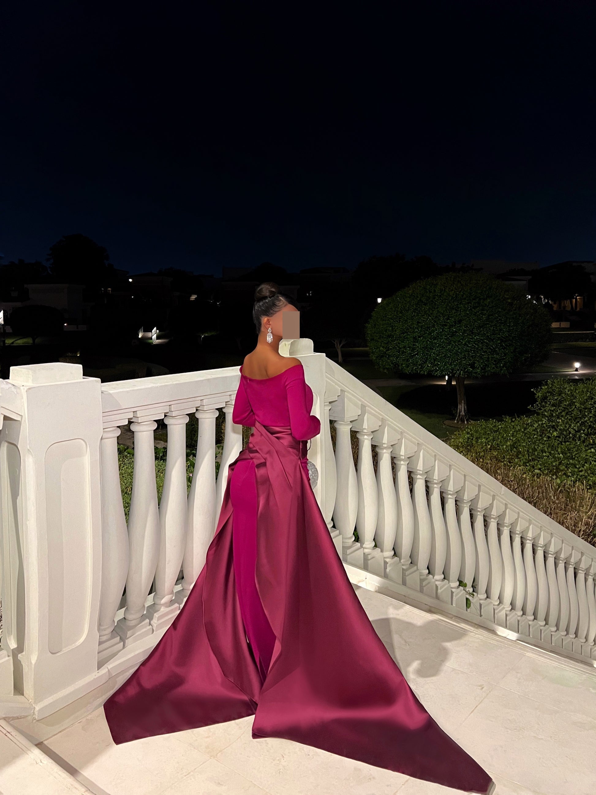 Luxury Fuchsia Off-the-Shoulder Long Sleeve Evening Dress with Overskirt SF318